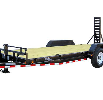A black flatbed equipment trailer with wood decking and a single upright rear loading ramp on a white background.