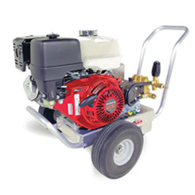 Gas-powered pressure washer with red engine, black components, and gray frame with wheels.