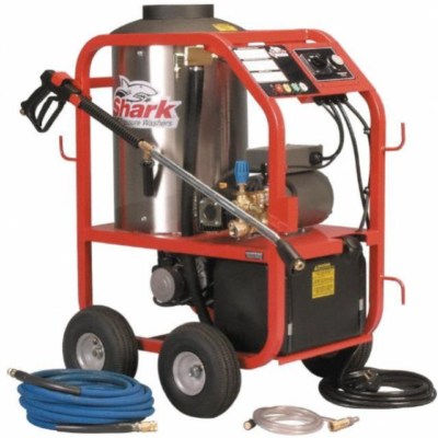 Red and silver Shark pressure washer with hose and gun on wheels.