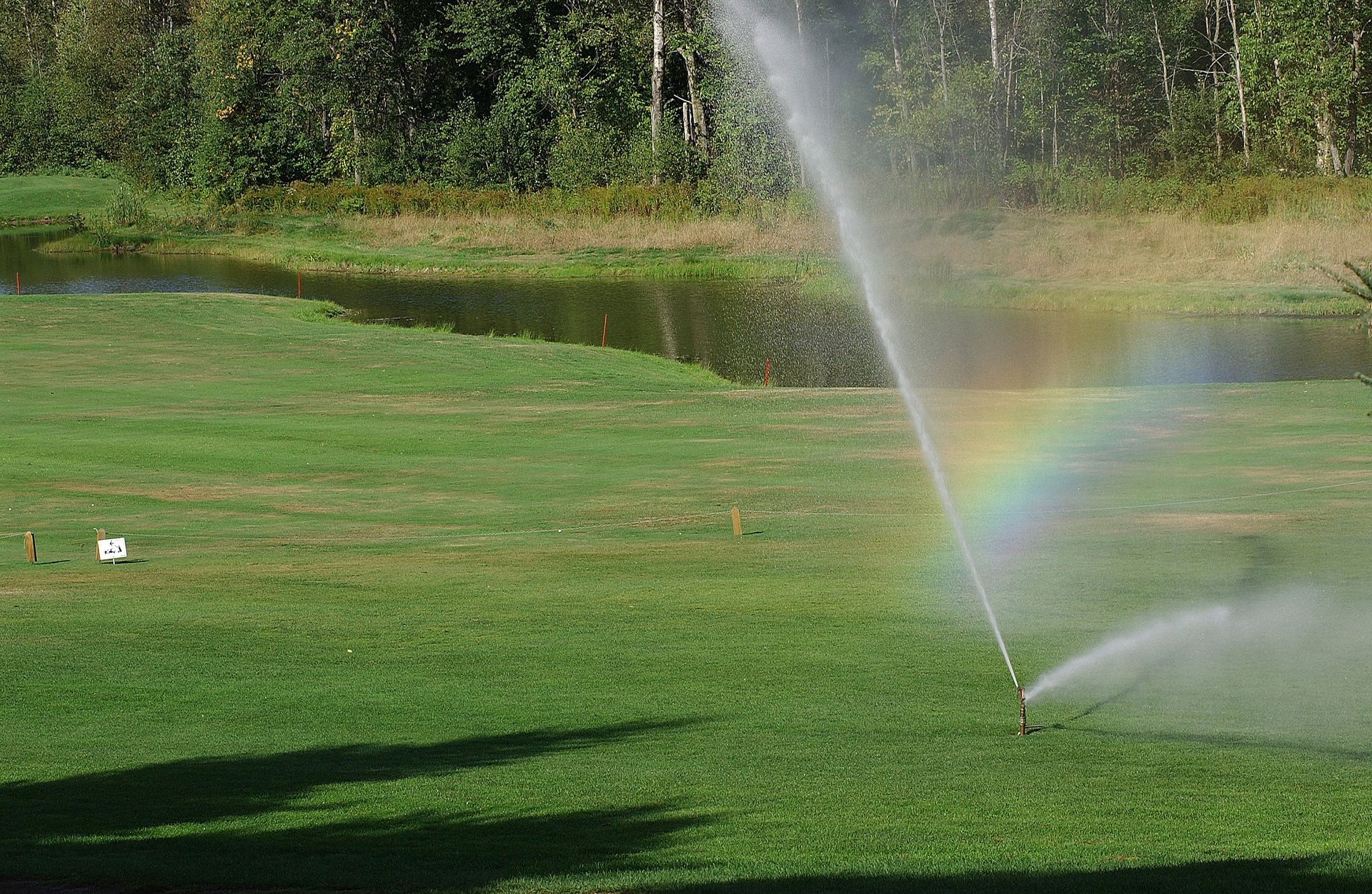 Sprinkler spraying water over a green lawn, creating a rainbow near a pond
