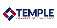 Logo for the Temple Chamber of Commerce, featuring blue and red geometric shapes next to the text in blue and red.