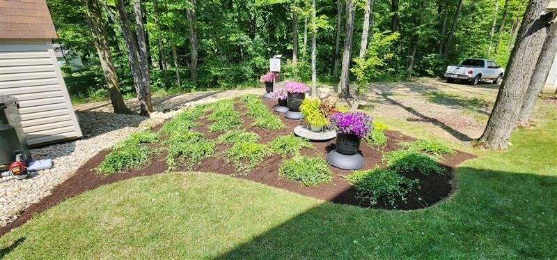 A garden bed with flowers and mulch sits in a yard. Trees and a truck are in the background.