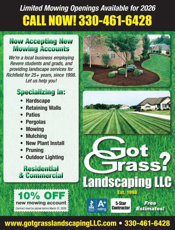 Advertisement for Got Grass? Landscaping LLC offering mowing services. Includes contact info, and list of services, with a 10% off coupon.