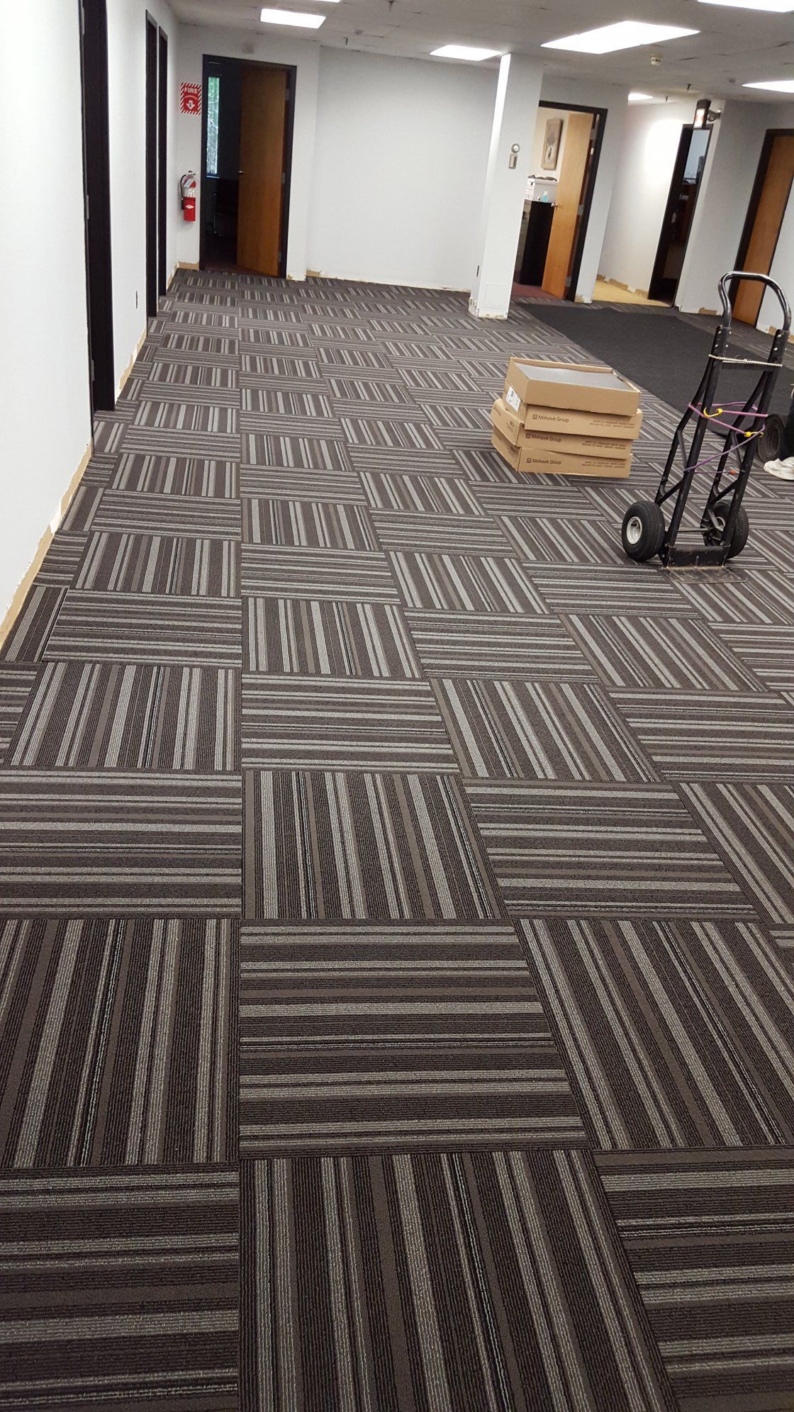 A hallway with a carpeted floor and a dolly.