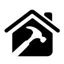 A black silhouette of a house icon with a hammer centered inside it, symbolizing home repair or construction.