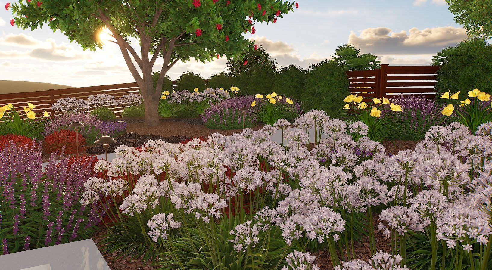 Blooming garden with pink and white flowers, a leafy tree, and a wooden bench in warm sunlight