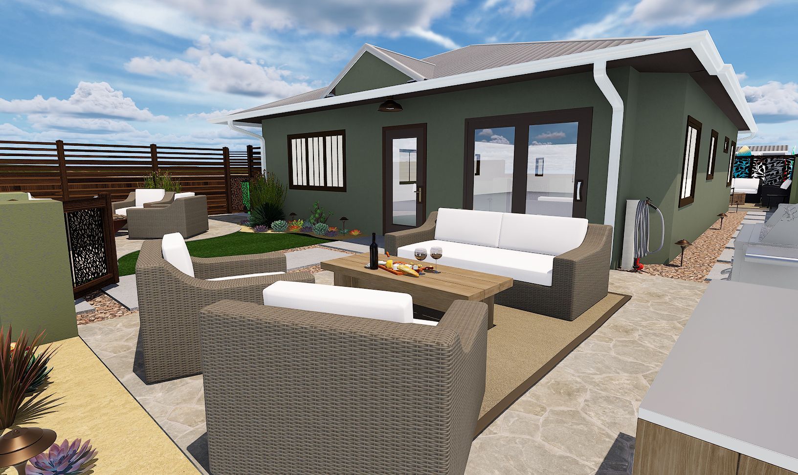 Modern house patio with wicker seating, white cushions, and a fire pit under a clear sky