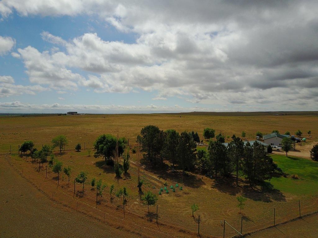 An aerial view of a farm with trees and a house in the distance.