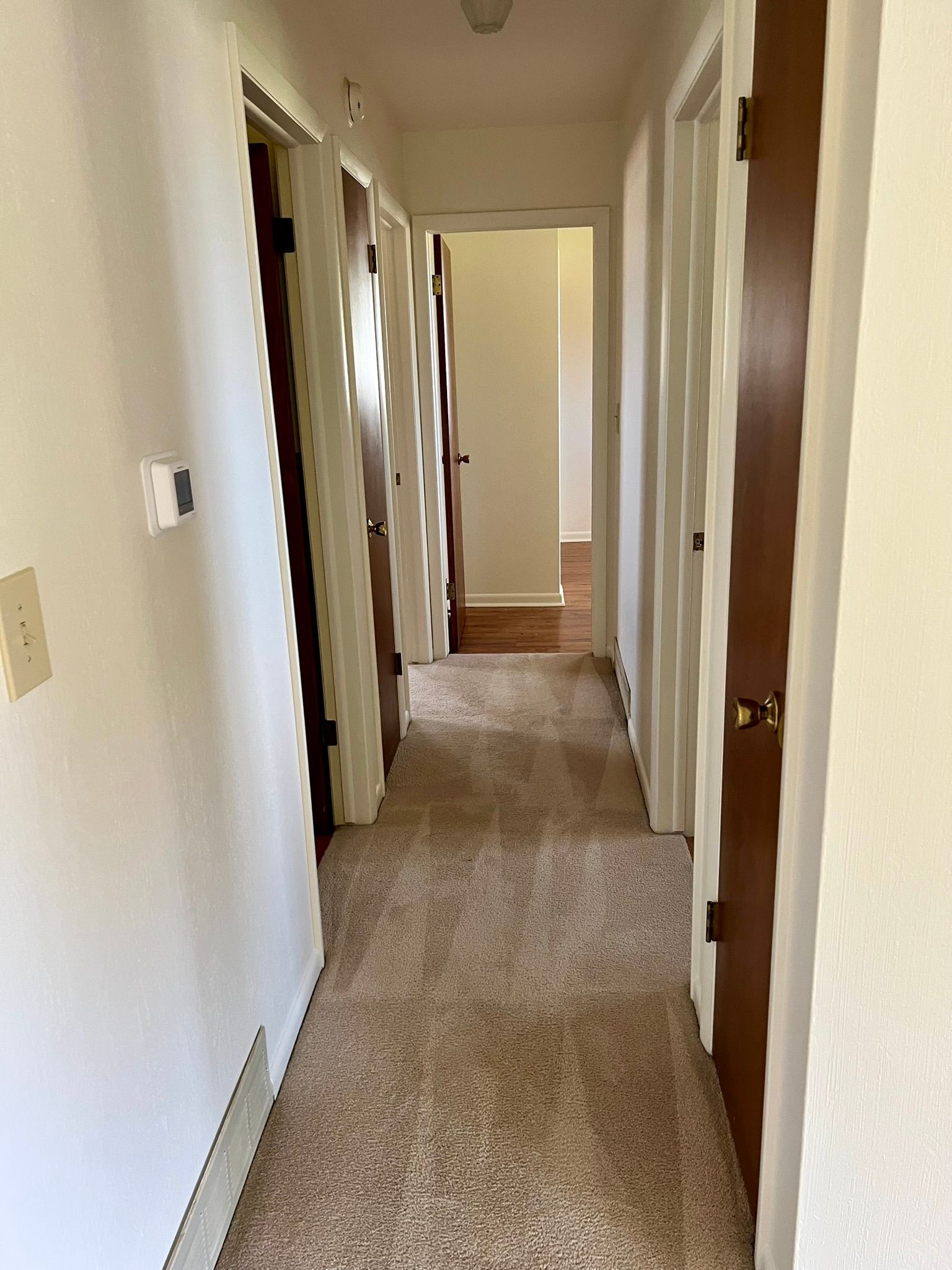 A long hallway with a lot of doors and a carpeted floor.