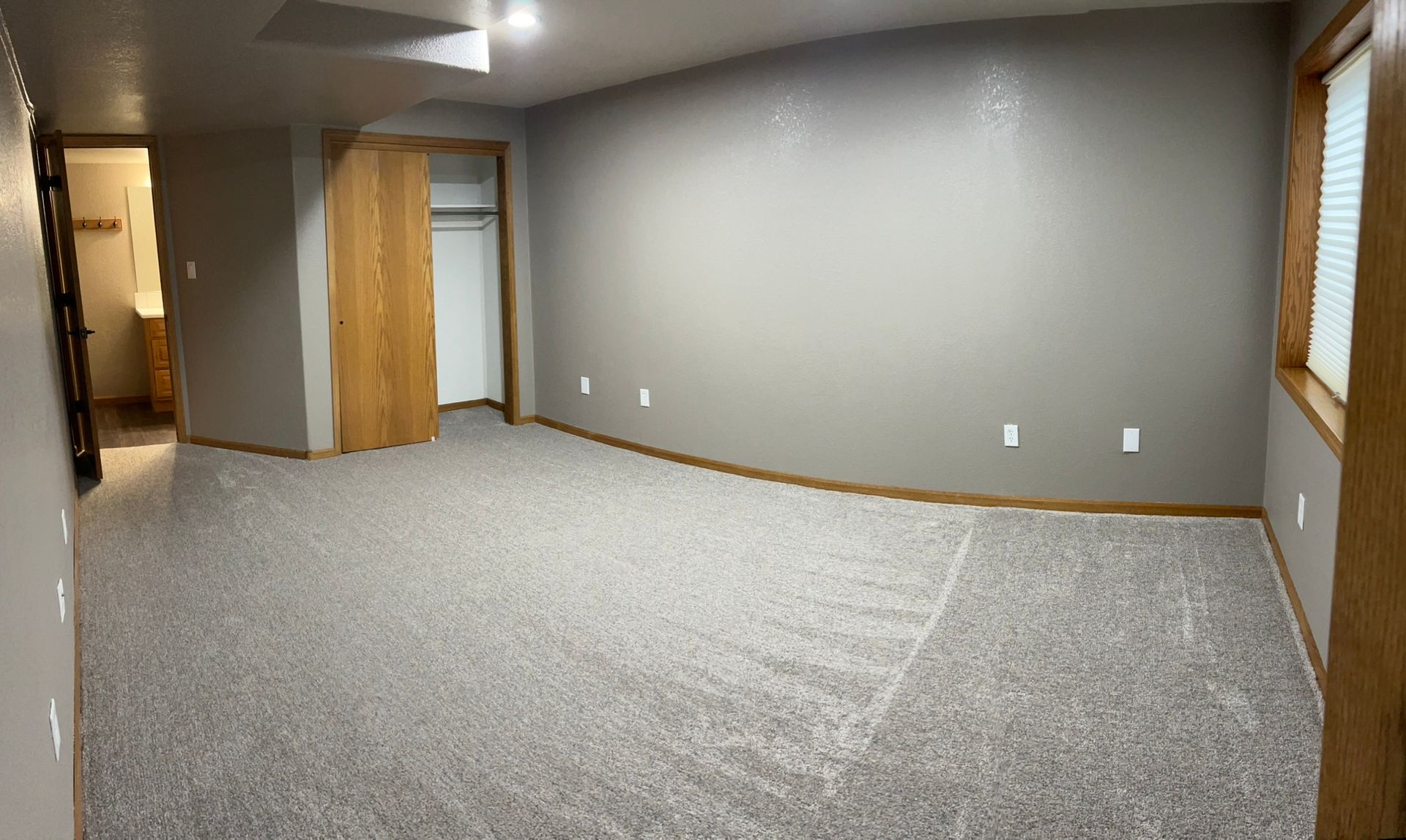 An empty room with a carpeted floor and a closet