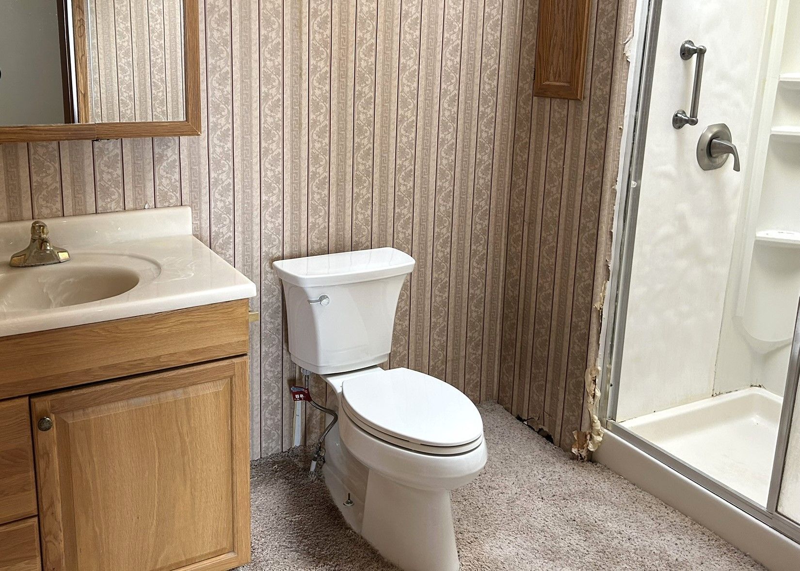 A bathroom with a toilet , sink and shower.