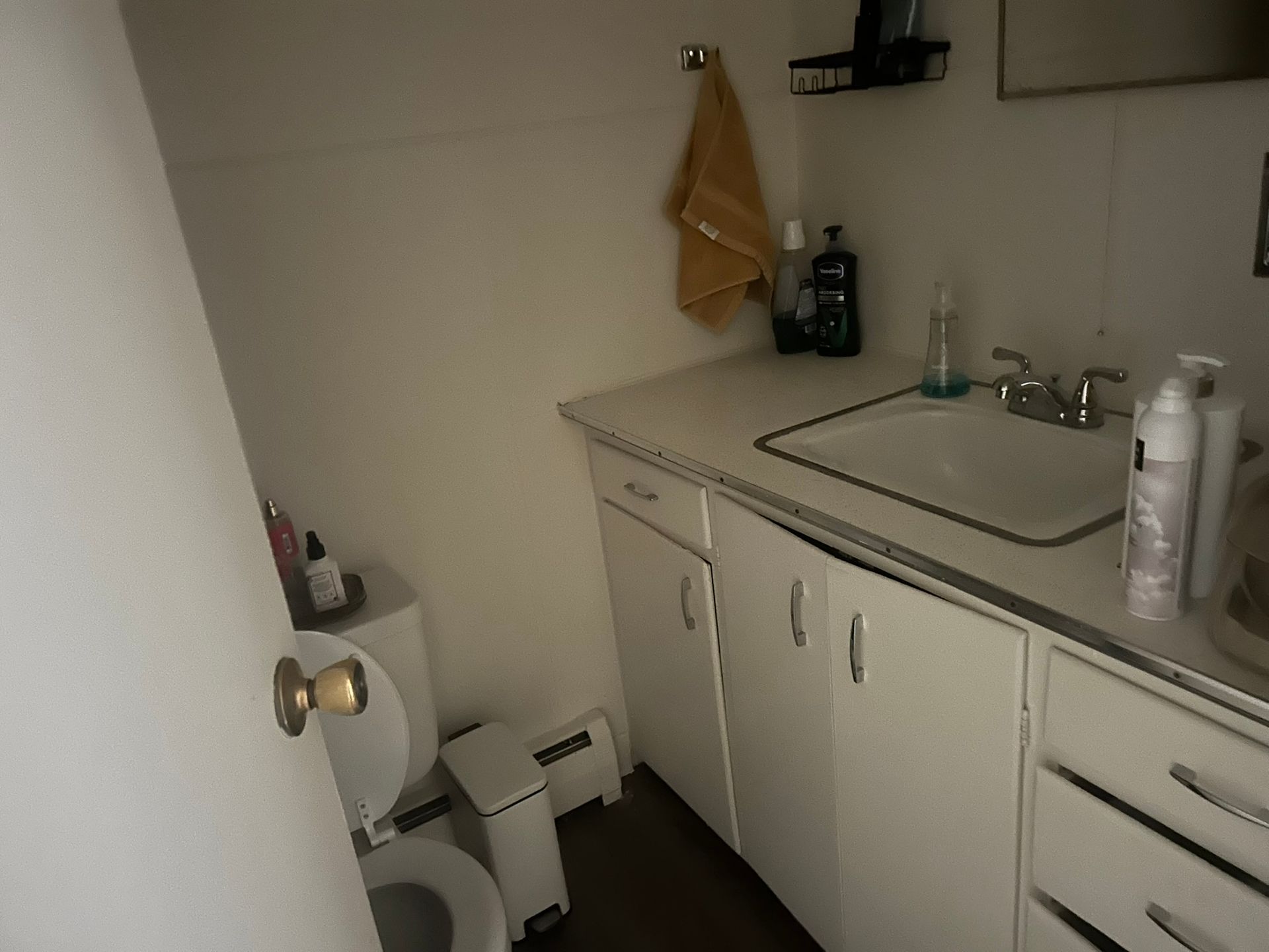 A bathroom with a toilet a sink and a mirror