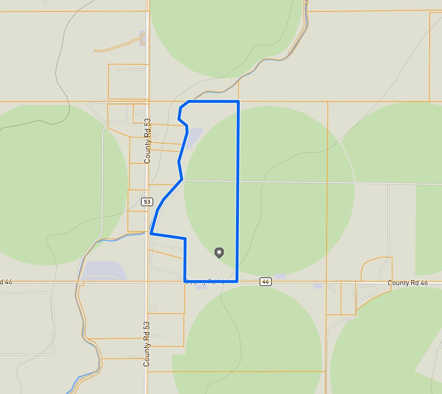 A map of a residential area with a blue line going through it.