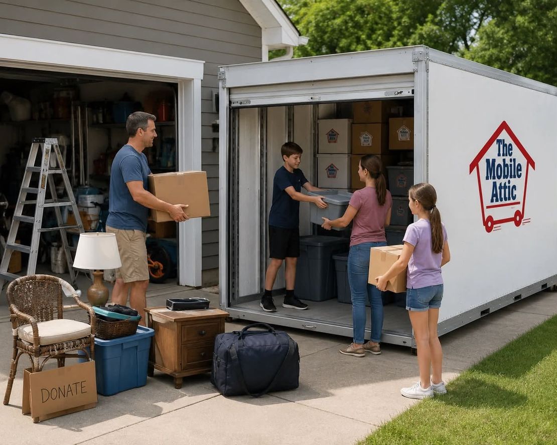 People loading cardboard boxes into a moving truck beside a house and garage