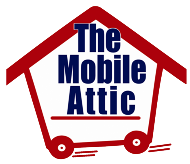 Red house logo with blue text reading &ldquo;The Mobile Attic&rdquo; and wheels at the bottom.
