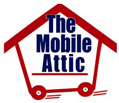 Red house logo with blue text reading &ldquo;The Mobile Attic&rdquo; and wheels at the bottom.