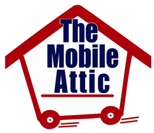 Red house logo with blue text reading &ldquo;The Mobile Attic&rdquo; and wheels at the bottom.