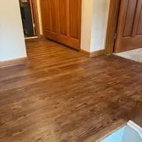 Wood-look flooring in a hallway with a cabinet and a door frame.