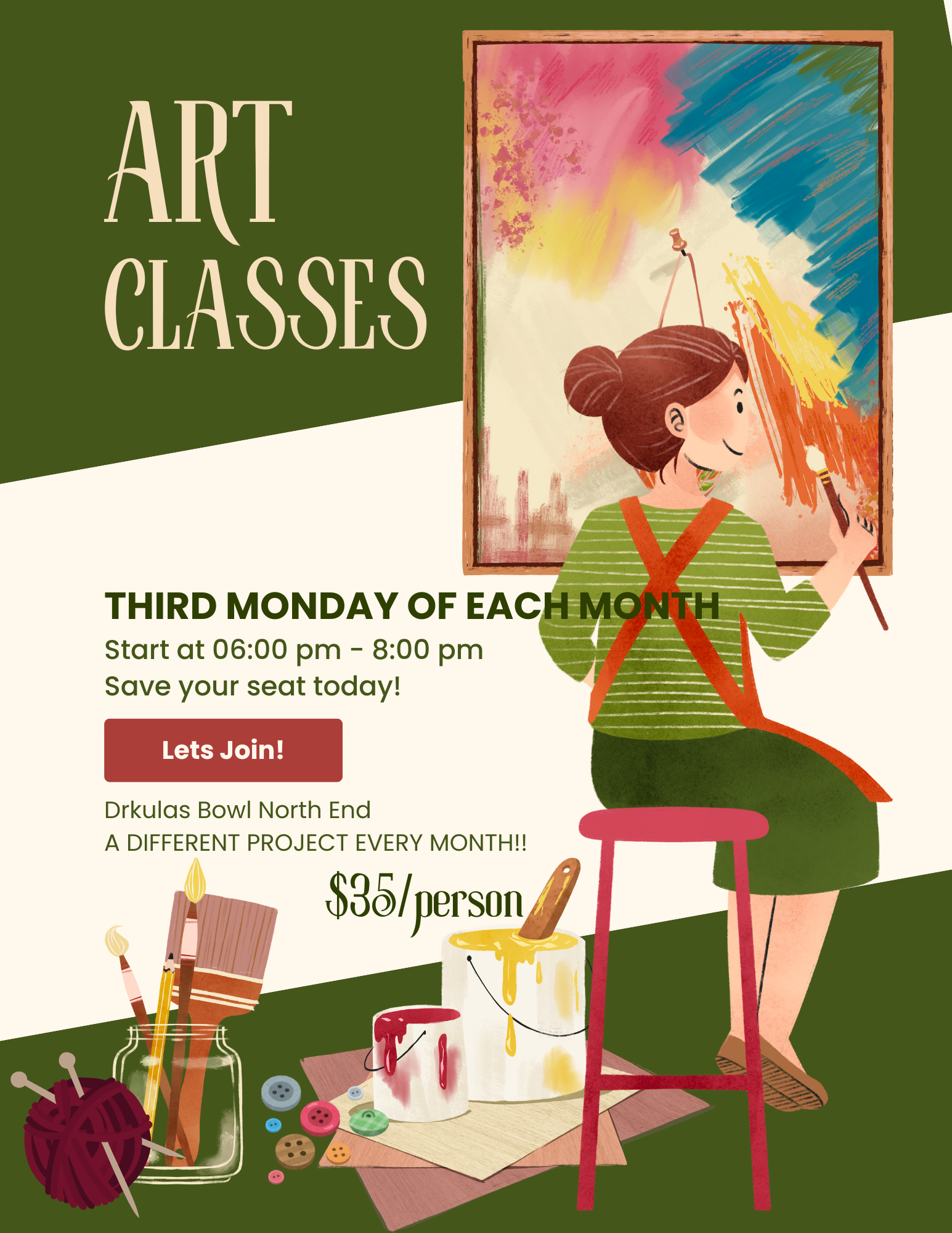 Art Classes, third Monday of each month