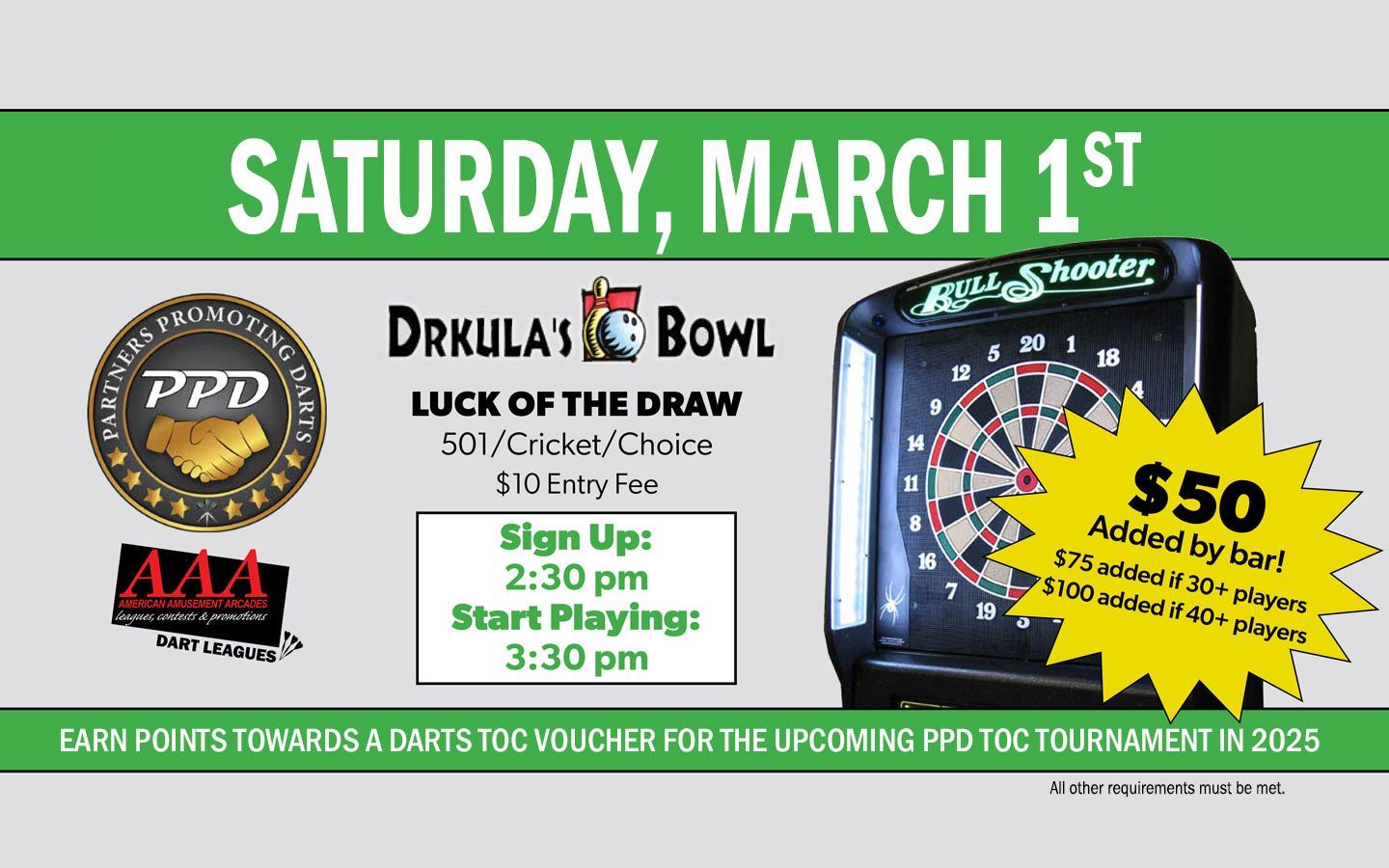 A poster for a darts tournament on Saturday, March 1st