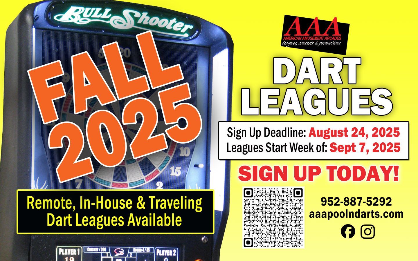 Advertisement for Fall 2025 dart leagues. Features a dartboard machine and text with signup information including a deadline of August 24, 2025.