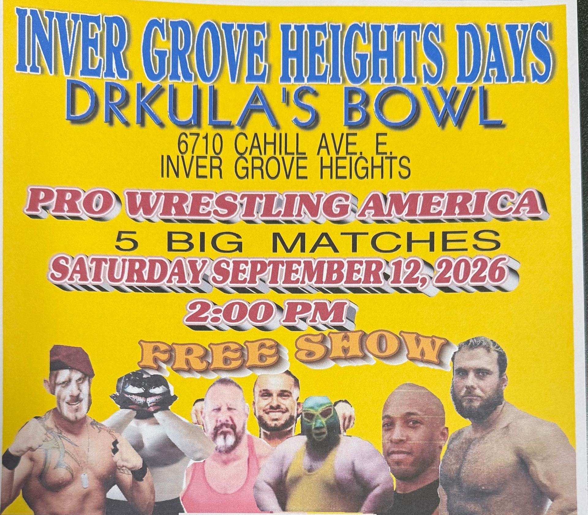 Poster for Inver Grove Heights Days: Drkula's Bowl pro wrestling, Sept. 12, 2026, 5 big matches, free show.