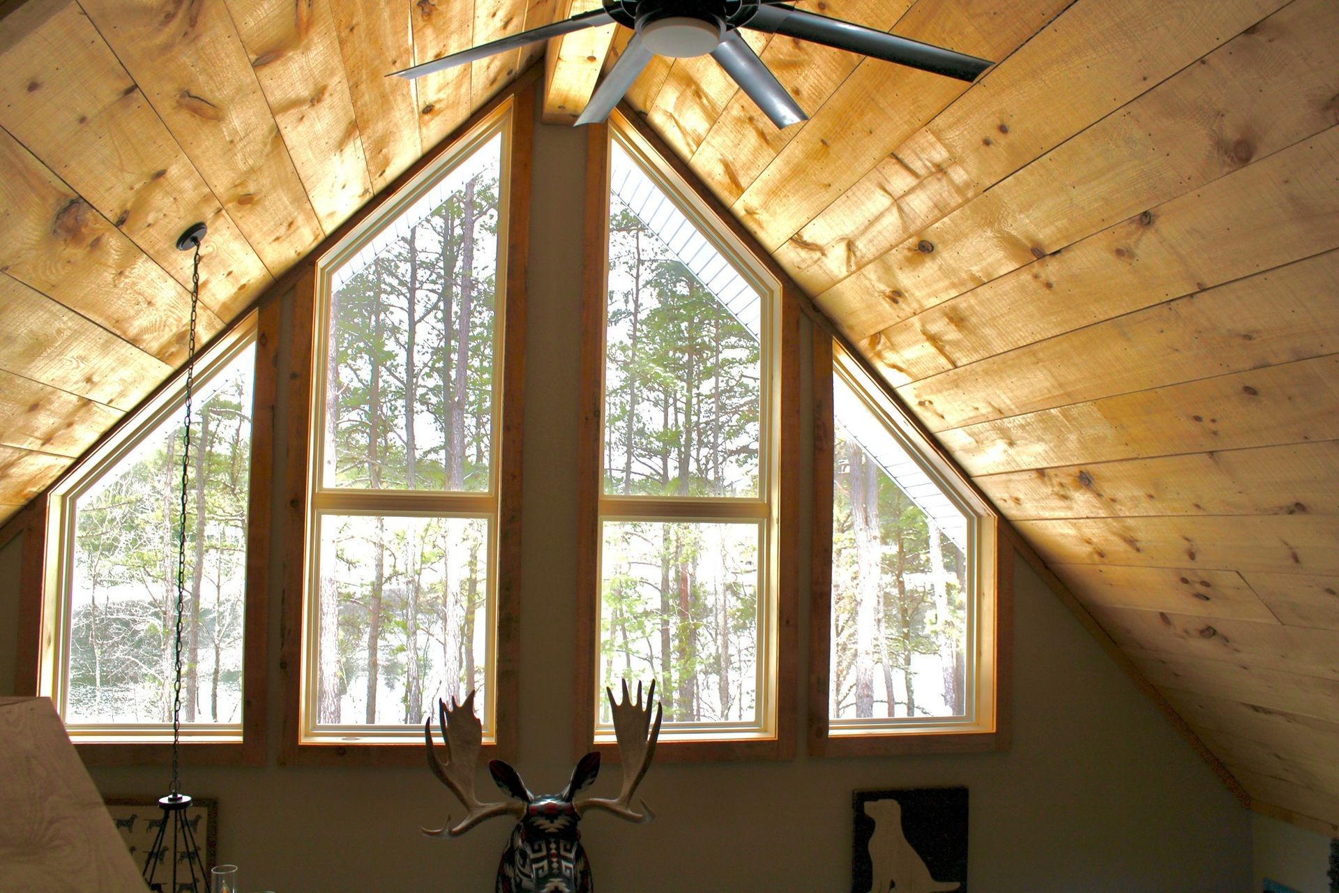 A room with a moose head and a ceiling fan