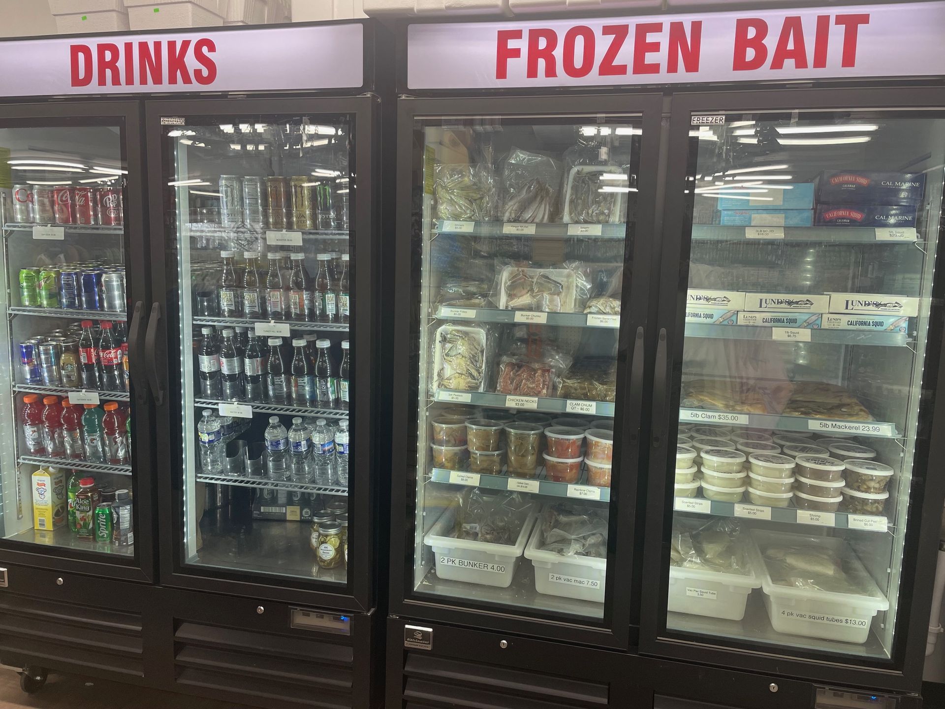 A refrigerator filled with drinks and frozen bait