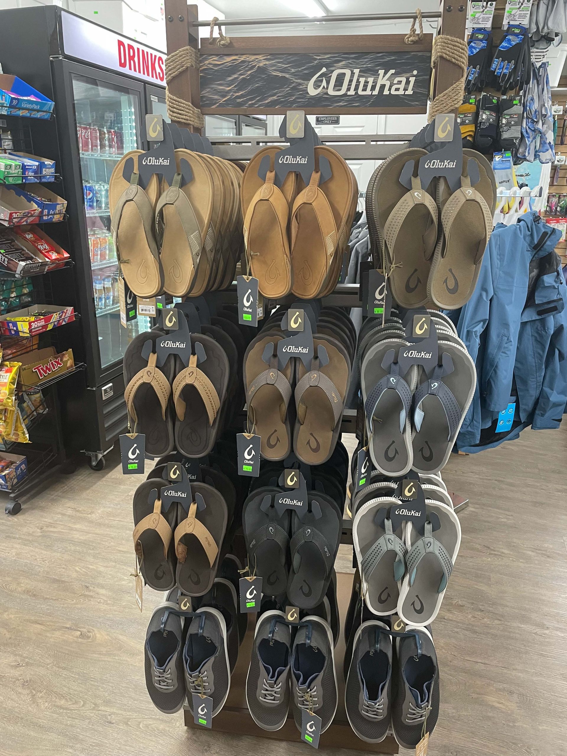 A display of flip flops in a store.