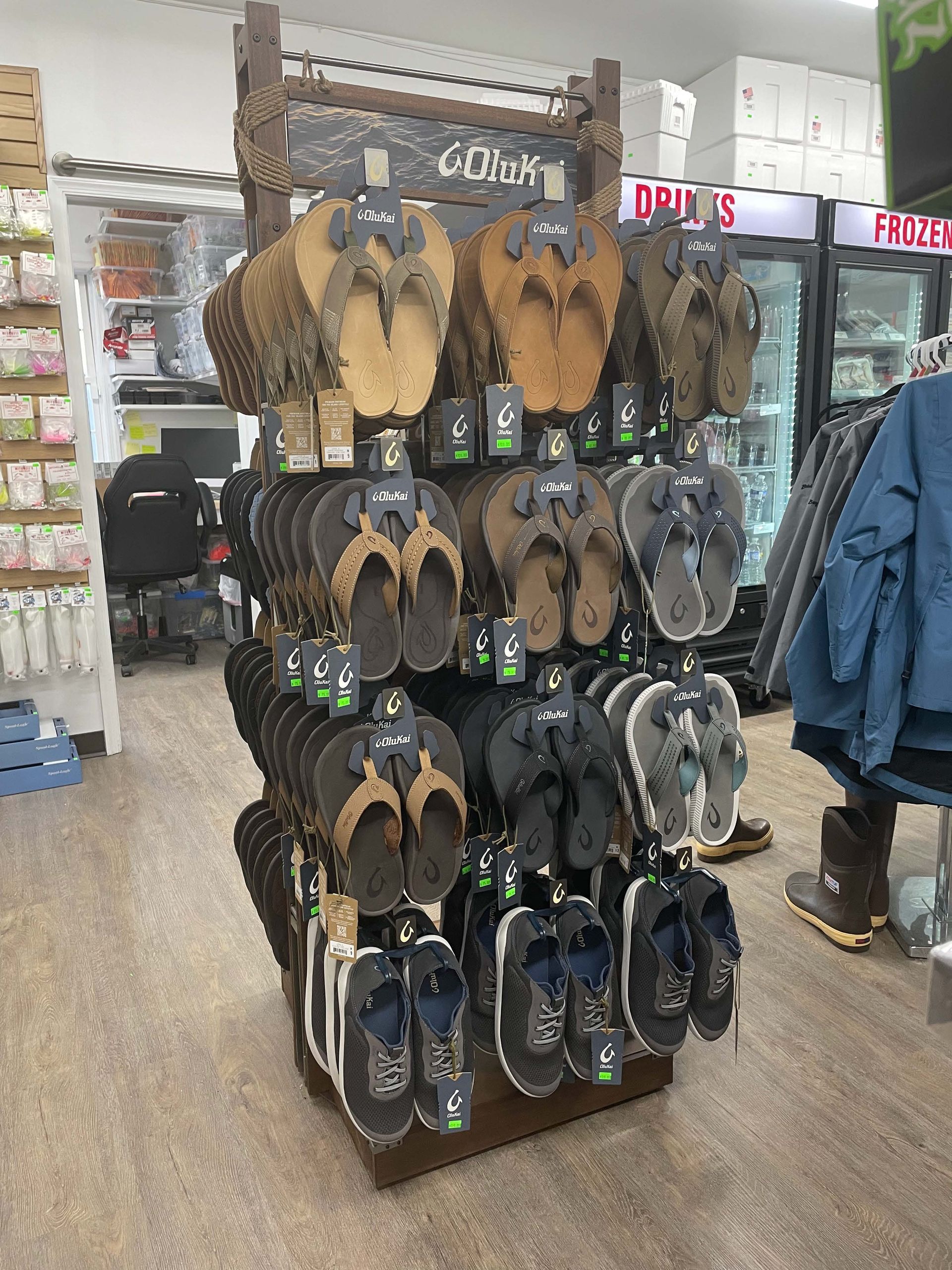A display of flip flops in a store.
