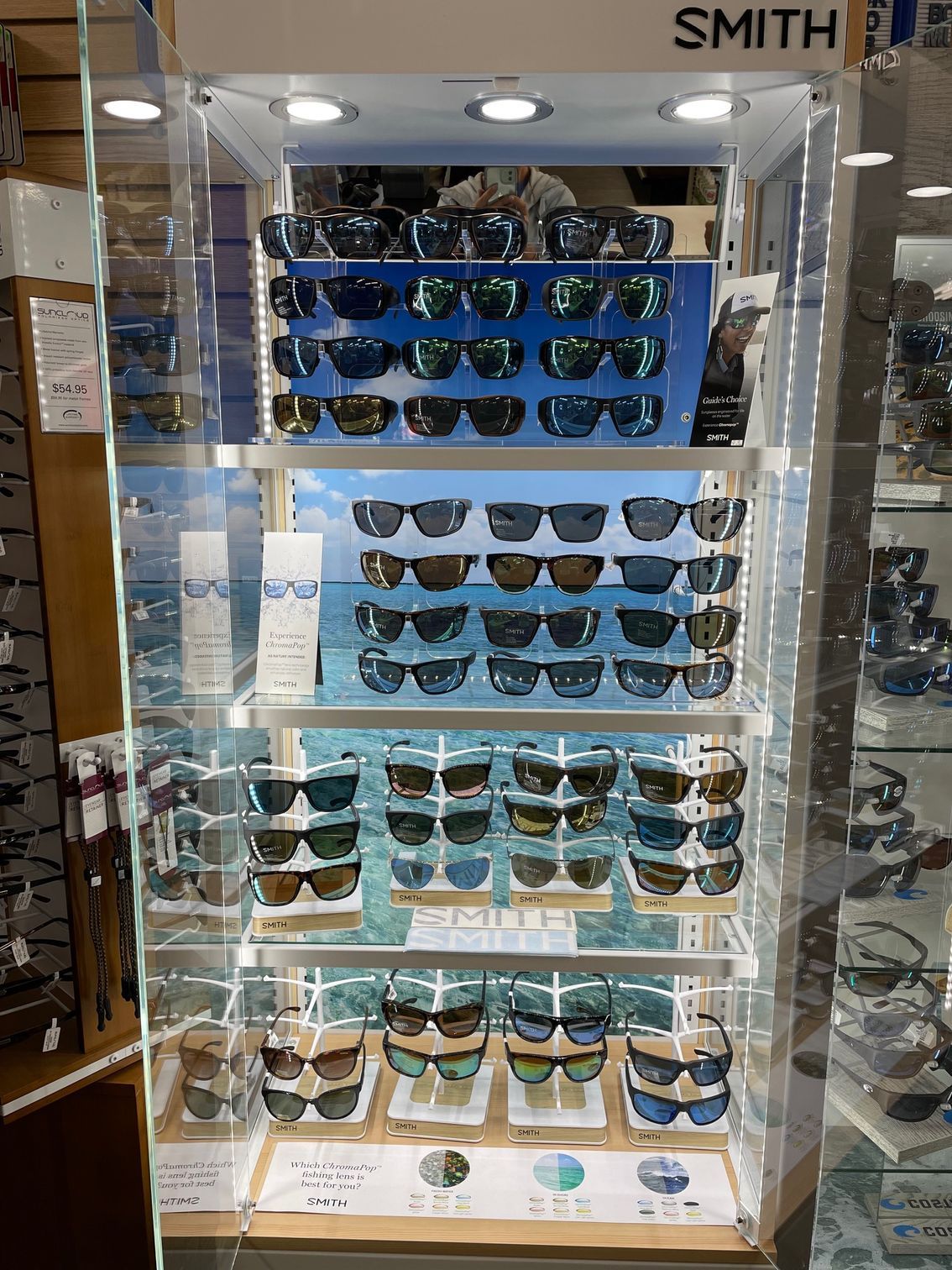 A display case filled with sunglasses in an optical shop.
