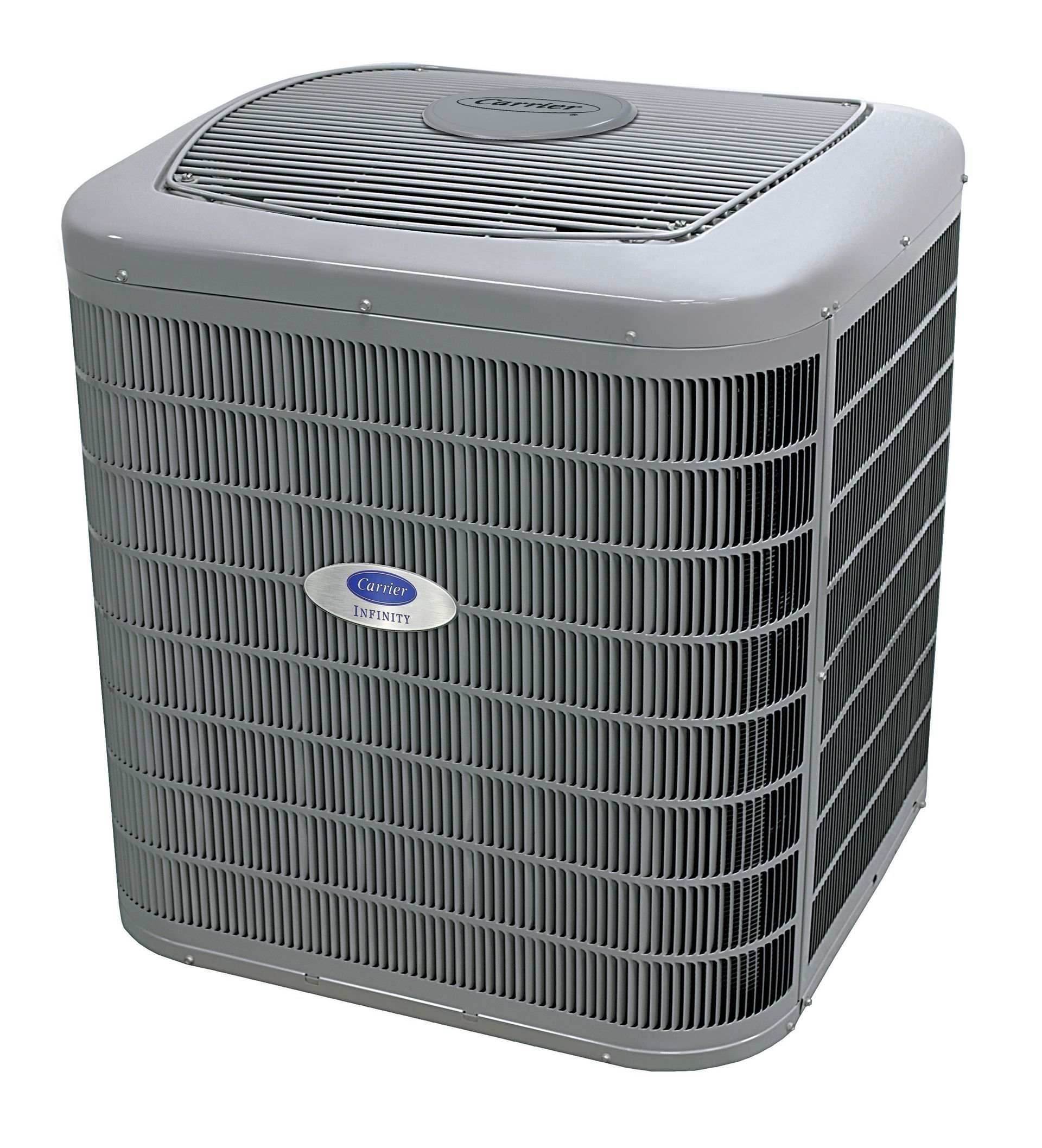 Gray air conditioning unit with a fan on top.