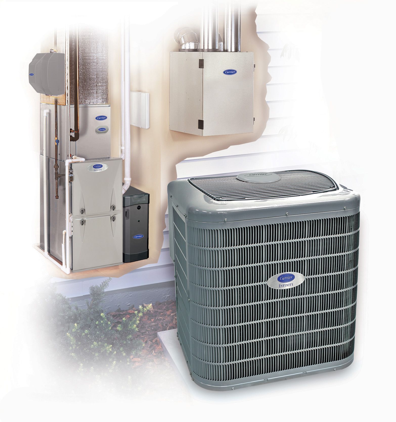 An air conditioning system, with outdoor unit in foreground and indoor furnace components visible.