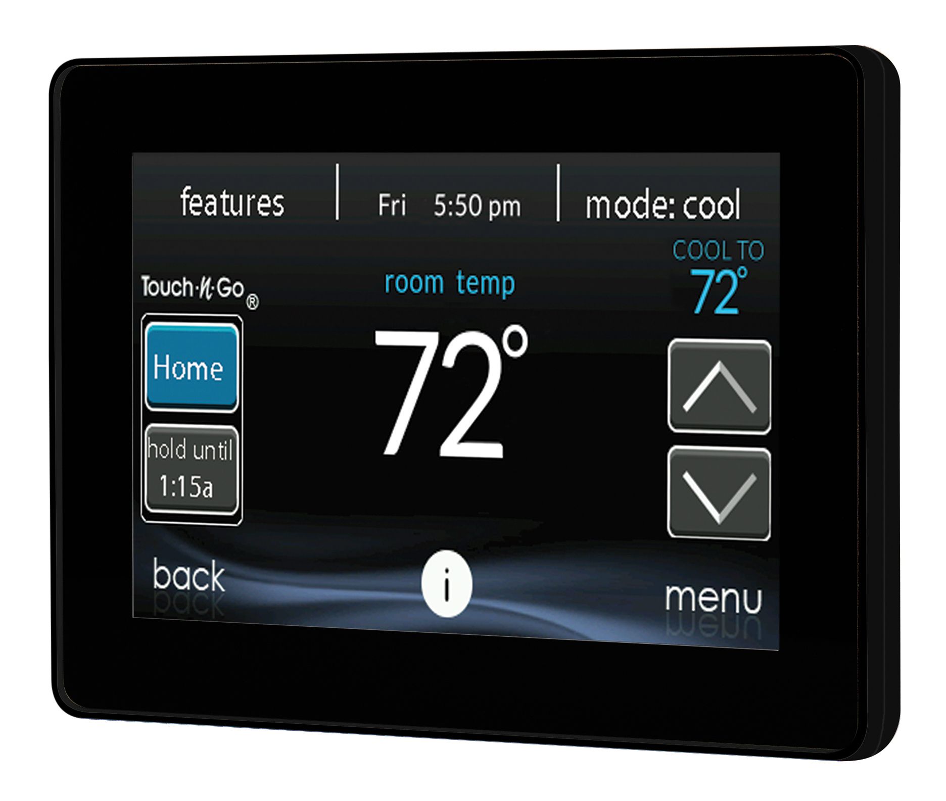 Black digital thermostat displaying the current time, room temperature of 72 degrees, and cool mode.