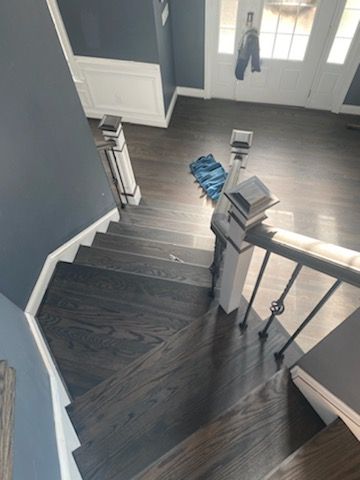 Staircase with dark wood steps and white railing overlooking a foyer with white front door and blue walls