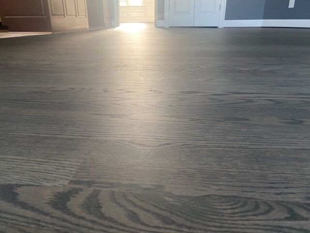 Low-angle view of a dark wood floor in a room, with sunlight near a doorway in the background