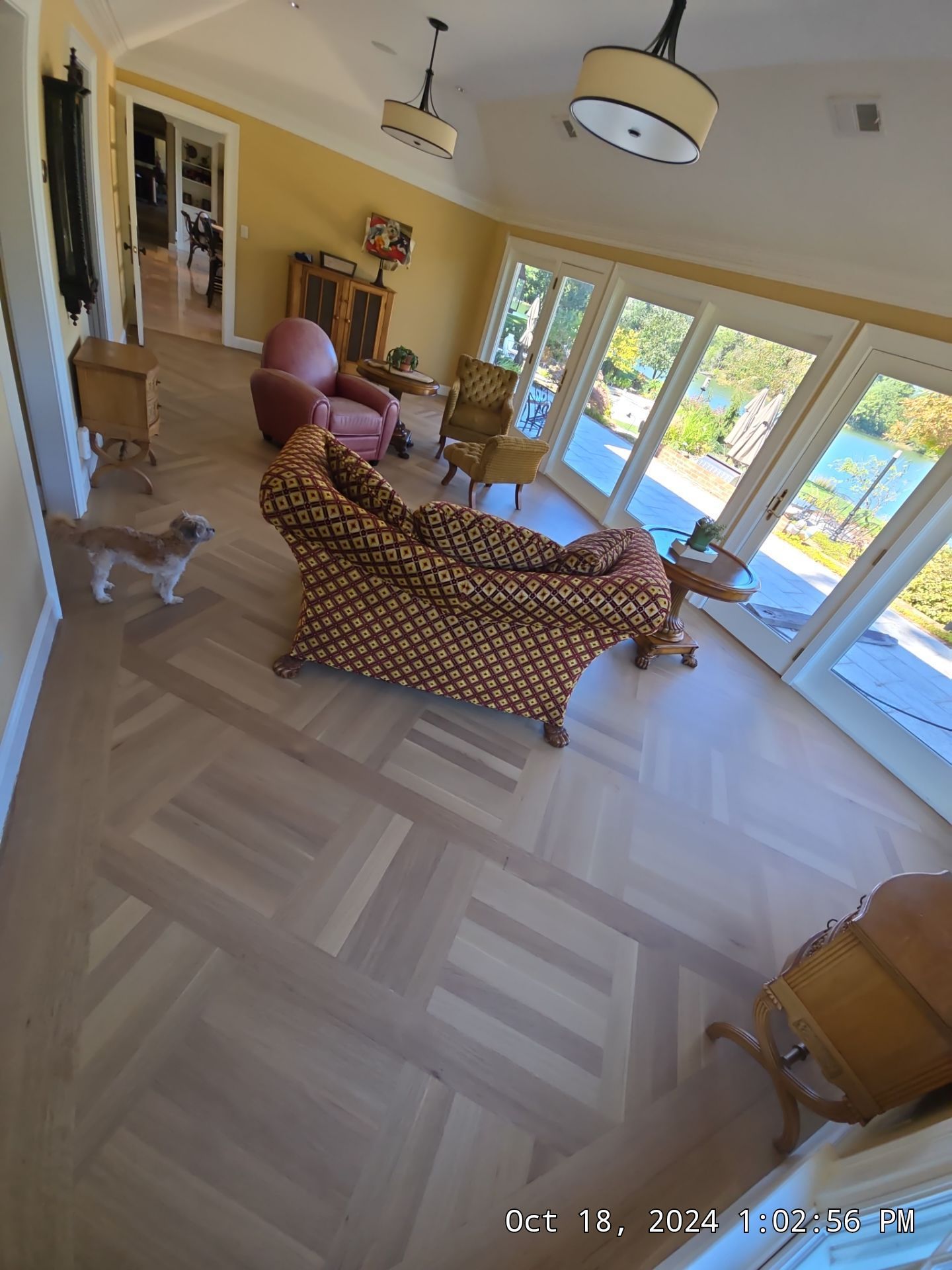 Spacious living room with patterned armchairs, large windows, and herringbone wood flooring.