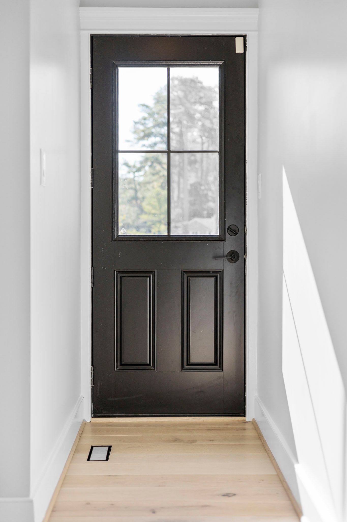 Narrow hallway with a black front door and light wood floor, lit by sunlight.