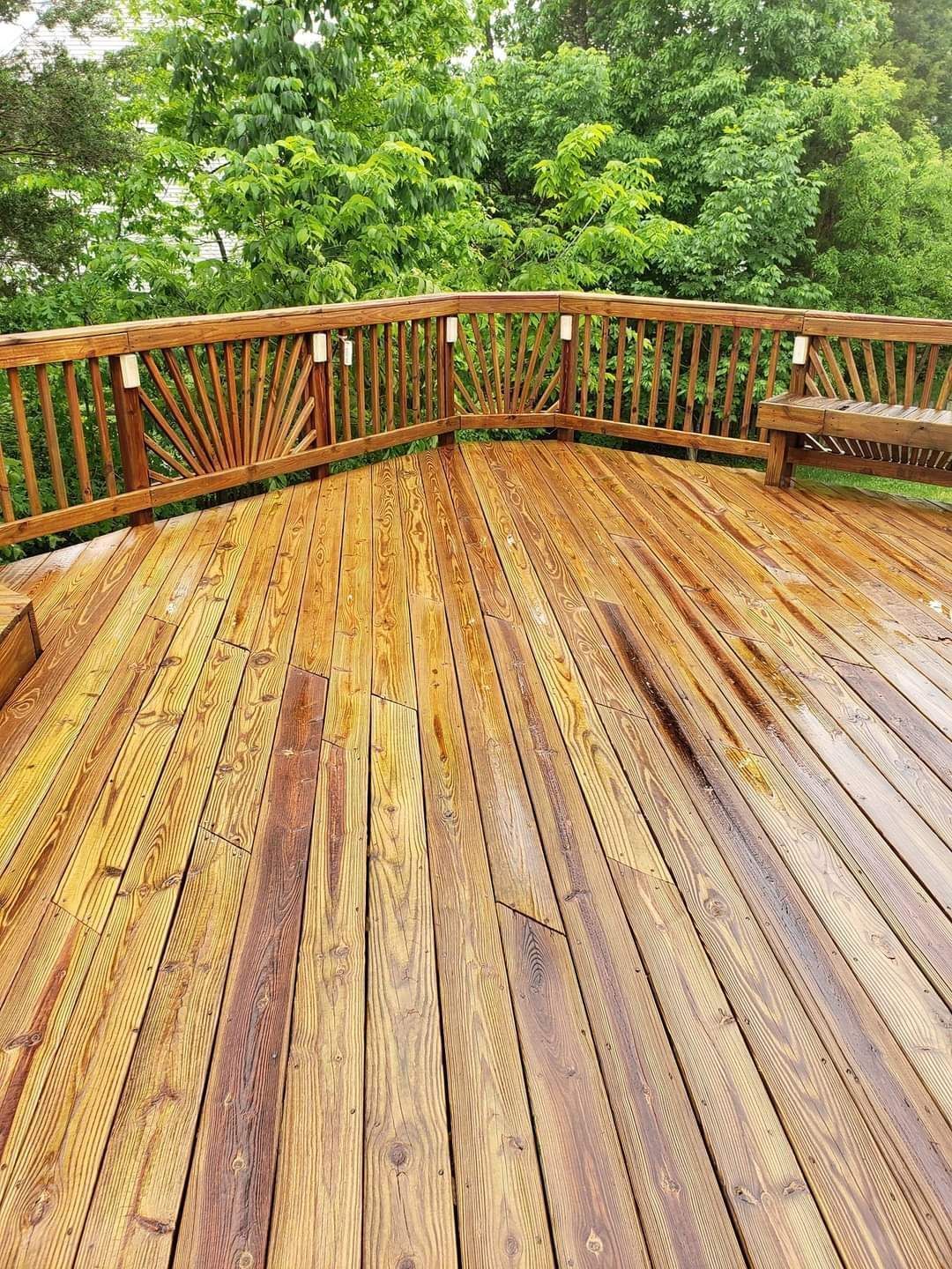 Wooden deck with weathered planks and railing, wet from rain. Green trees in the background.