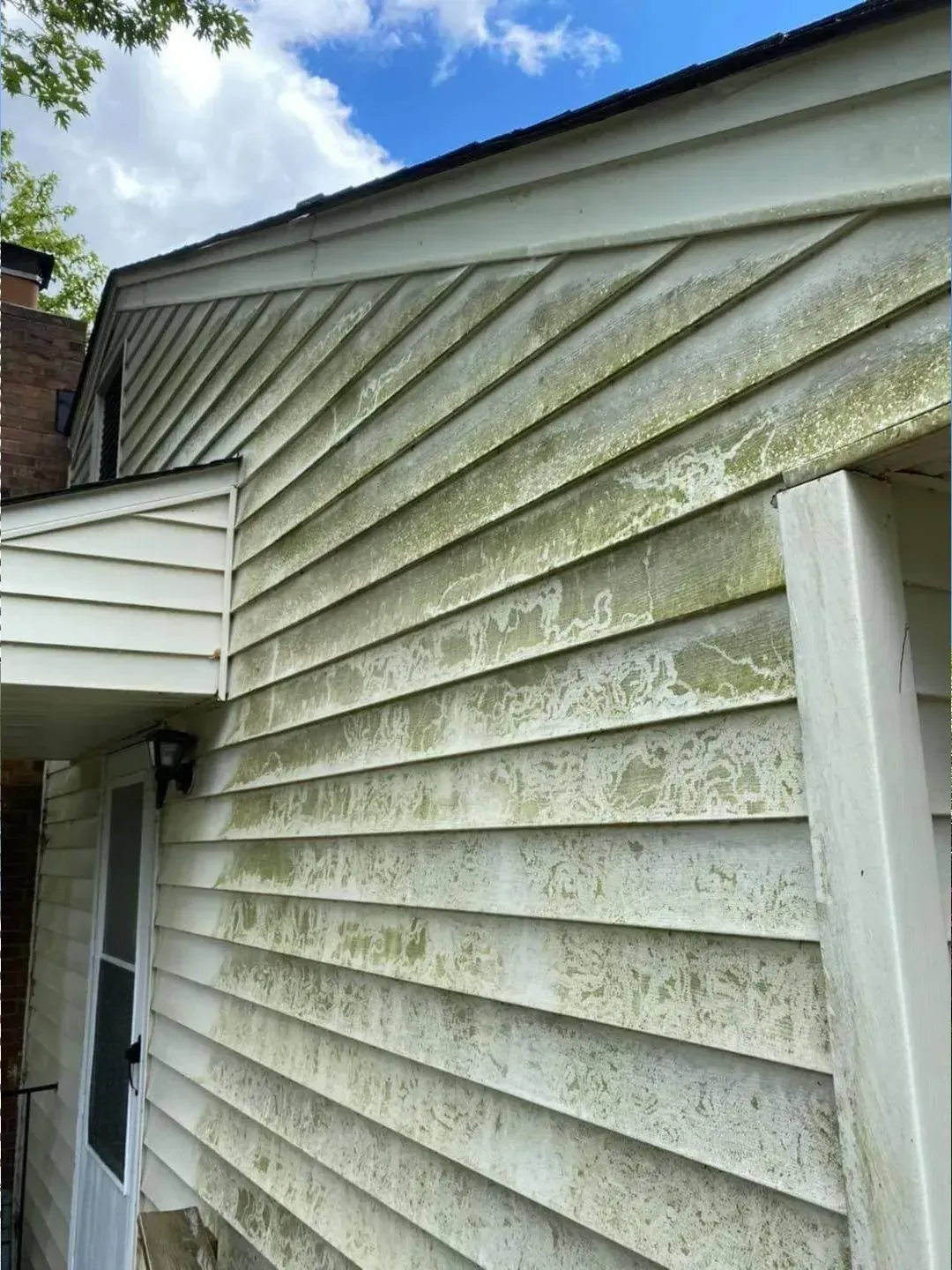 Moldy, white siding on a house under a partly cloudy sky.