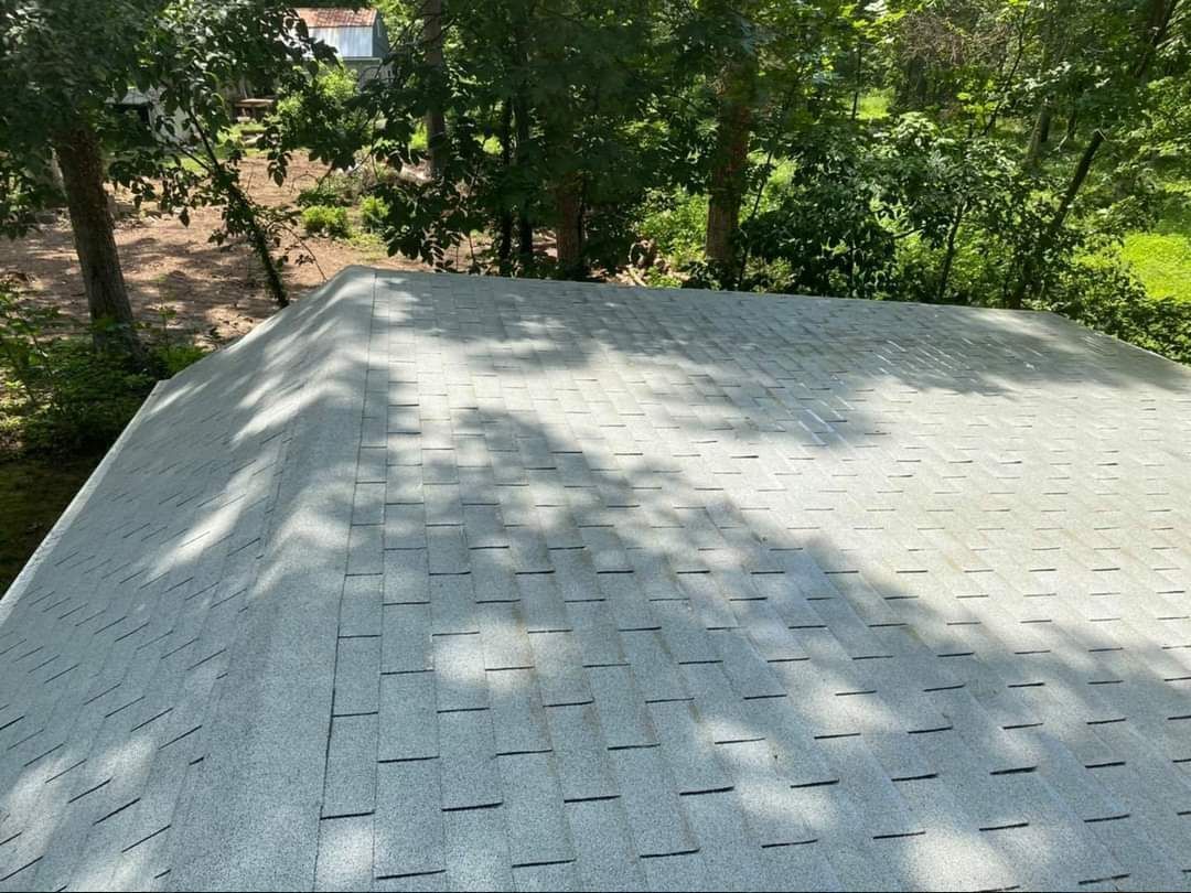 Gray asphalt shingle roof, angled, surrounded by green trees.