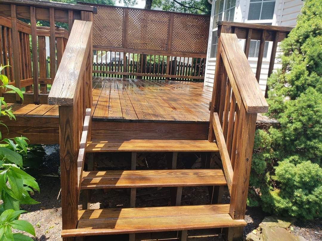 Wooden deck with stairs, wet from rain or cleaning. Brown with lattice privacy screen and surrounding greenery.