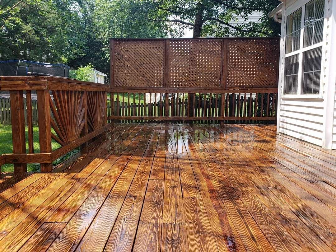 Wooden deck with lattice and railing, next to a white house, appears wet after staining.