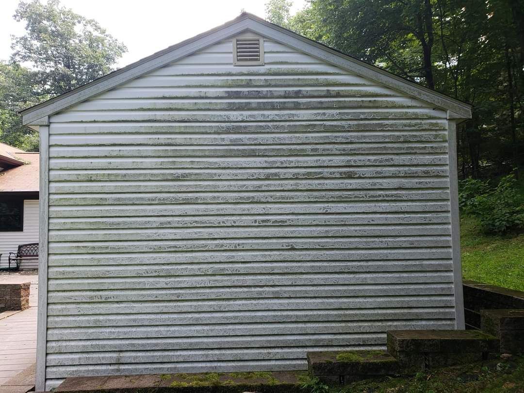 Back of a white siding shed covered in green algae, next to a grassy hill and some trees.