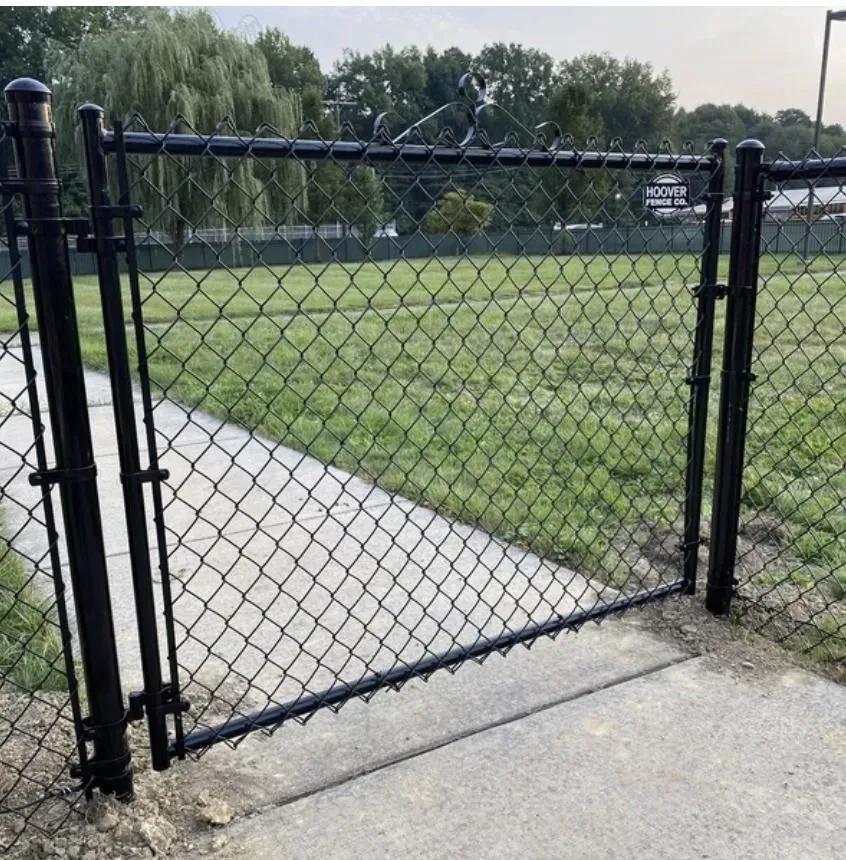 Black chain-link fence gate on concrete pathway, leading to grassy area.