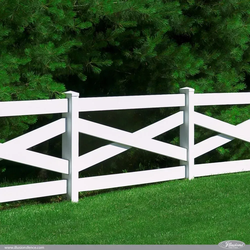 White picket fence with X-shaped crossbeams on green grass, with evergreen trees in the background.