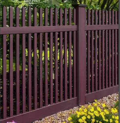 Burgundy vinyl picket fence in a garden setting, with yellow flowers and gravel.