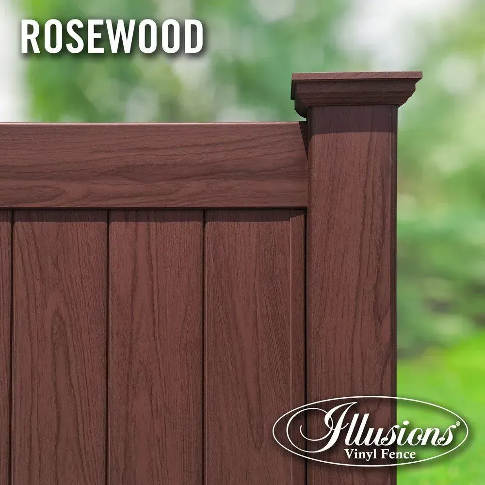 Rosewood vinyl fence section. Dark brown, vertical panels with a decorative post.