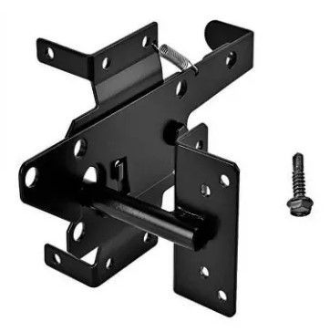 Black gate latch with a spring, ready to be mounted.