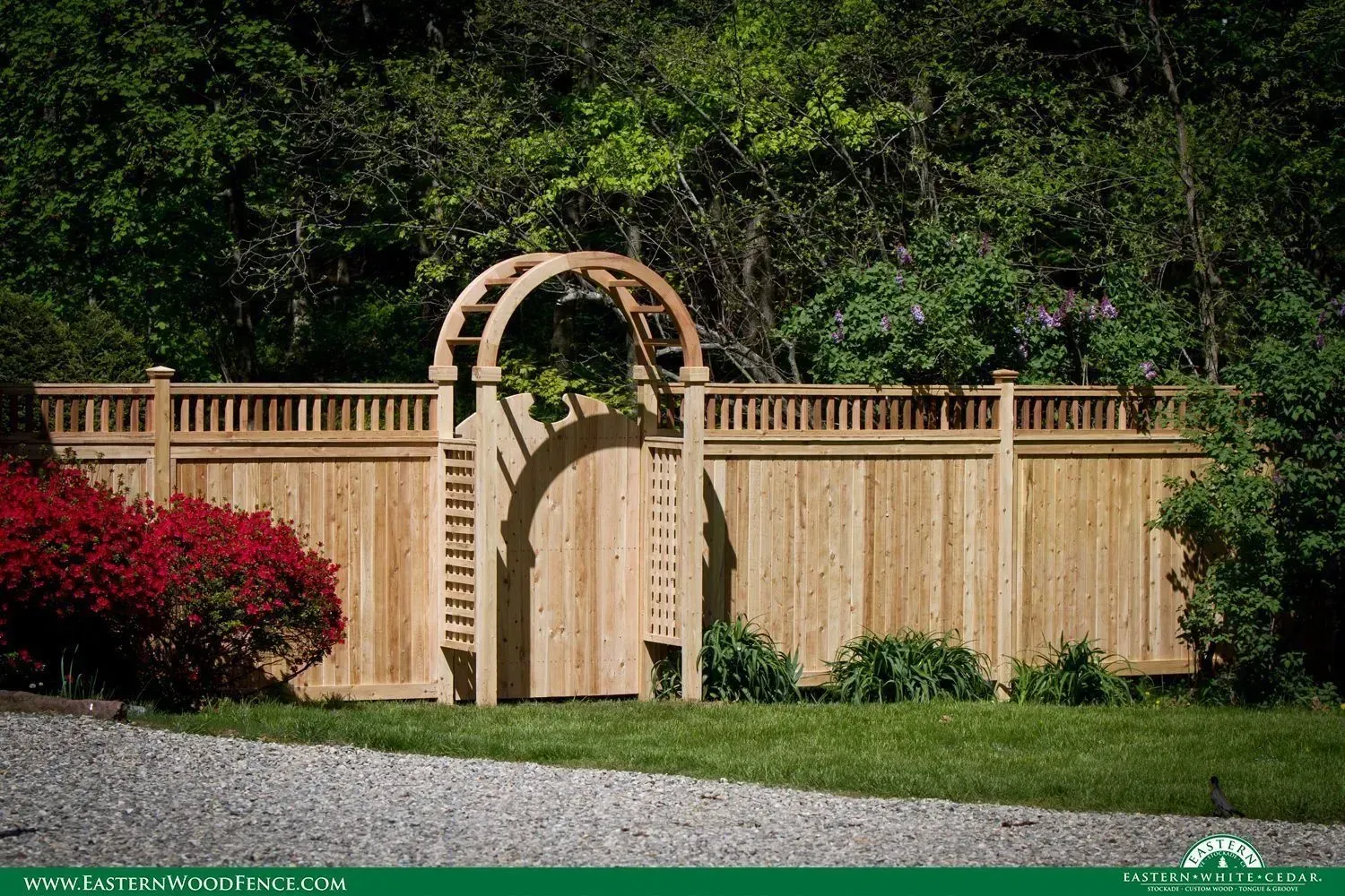 Wooden fence with an arched gate in a green yard, surrounded by trees and bushes.